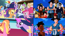 Size: 640x360 | Tagged: safe, edit, edited screencap, screencap, character:applejack, character:fluttershy, character:luster dawn, character:pinkie pie, character:rainbow dash, character:rarity, character:spike, character:twilight sparkle, character:twilight sparkle (alicorn), species:alicorn, species:pony, episode:the ending of the end, episode:the last problem, g4, my little pony: friendship is magic, chi-chi, comparison, dragon ball z, gigachad spike, gohan, goku, goten, mane seven, mane six, older, older applejack, older fluttershy, older mane seven, older mane six, older pinkie pie, older rainbow dash, older rarity, older spike, older twilight, pan (dragon ball), uub, videl