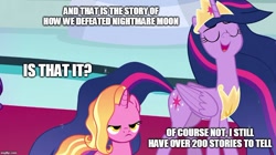 Size: 888x499 | Tagged: safe, edit, edited screencap, screencap, character:luster dawn, character:twilight sparkle, character:twilight sparkle (alicorn), species:alicorn, species:pony, species:unicorn, episode:the last problem, g4, my little pony: friendship is magic, dialogue, duo, ethereal mane, exploitable meme, female, implied nightmare moon, luster dawn is not amused, mare, meme, mid-blink screencap, older, older twilight, princess twilight 2.0, reminiscing, text, twilight 2.0's reminiscences, ultimate twilight