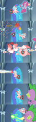 Size: 1340x4476 | Tagged: safe, edit, edited screencap, screencap, species:bird, episode:the ending of the end, g4, my little pony: friendship is magic, attack, bell, blast, comic, confetti, dodge, fire, fire breath, firing, flock, flying, gas, geese, good trick, goose, grogar's bell, levitation, magic, magic beam, magic blast, party bazooka, rocket launcher, screencap comic, spinning, stained glass, streamers, telekinesis