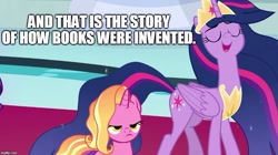Size: 888x499 | Tagged: safe, edit, edited screencap, screencap, character:luster dawn, character:twilight sparkle, character:twilight sparkle (alicorn), species:alicorn, species:pony, species:unicorn, episode:the last problem, g4, my little pony: friendship is magic, book, dialogue, exploitable meme, luster dawn is not amused, meme, older, older twilight, princess twilight 2.0, reminiscing, text, that pony sure does love books, twilight 2.0's reminiscences, unamused
