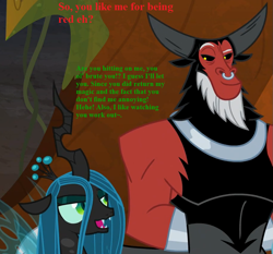Size: 911x850 | Tagged: safe, edit, edited screencap, screencap, character:lord tirek, character:queen chrysalis, species:centaur, species:changeling, ship:chrysirek, episode:frenemies, g4, my little pony: friendship is magic, antagonist, caption, cropped, cute, cutealis, female, flirting, funny, image macro, legion of doom, male, nose piercing, nose ring, piercing, shipping, smiling, smirk, straight, text, tirebetes
