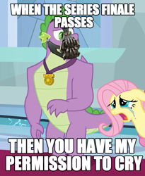 Size: 884x1080 | Tagged: safe, edit, edited screencap, screencap, character:fluttershy, character:spike, species:dragon, species:pony, episode:the last problem, g4, my little pony: friendship is magic, adult, adult spike, bane, baneposting, canterlot castle, caption, cropped, crying, dc comics, gigachad spike, male, mask, meme, older, older spike, the dark knight rises, winged spike