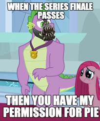 Size: 884x1080 | Tagged: safe, edit, edited screencap, screencap, character:pinkie pie, character:spike, species:dragon, species:pony, episode:the last problem, g4, my little pony: friendship is magic, adult, bane, baneposting, canterlot castle, caption, cropped, crying, dc comics, food, gigachad spike, mask, meme, older, older spike, pie, winged spike