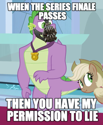 Size: 884x1080 | Tagged: safe, edit, edited screencap, screencap, character:applejack, character:spike, species:dragon, species:pony, episode:the last problem, g4, my little pony: friendship is magic, adult, bane, baneposting, canterlot castle, caption, cropped, dc comics, gigachad spike, liar face, liarjack, lying down, mask, meme, older, older spike, scrunchy face, the dark knight rises, winged spike