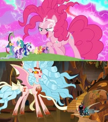 Size: 1920x2160 | Tagged: safe, edit, edited screencap, screencap, character:applejack, character:cozy glow, character:discord, character:fluttershy, character:lord tirek, character:pinkie pie, character:princess celestia, character:princess luna, character:queen chrysalis, character:rainbow dash, character:rarity, character:spike, character:starlight glimmer, character:twilight sparkle, character:twilight sparkle (alicorn), species:alicorn, species:pony, episode:the ending of the end, g4, my little pony: friendship is magic, alicornified, chaos cozy glow, chaos magic, chaos pinkie, cozycorn, giant demon alicorn cozy glow, giant pony, grogar's bell, macro, race swap