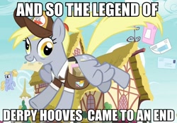 Size: 960x672 | Tagged: safe, edit, edited screencap, screencap, character:derpy hooves, species:pegasus, species:pony, episode:the last problem, g4, my little pony: friendship is magic, caption, clothing, cropped, end of ponies, envelope, female, flying, hat, image macro, letter, mail, mailmare, mare, mouth hold, older, older derpy hooves, saddle bag, solo, text