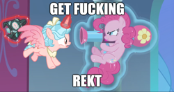 Size: 870x464 | Tagged: safe, edit, edited screencap, screencap, character:cozy glow, character:pinkie pie, species:alicorn, species:pony, episode:the ending of the end, g4, my little pony: friendship is magic, alicornified, banner, bell, caption, cozybuse, cozycorn, flying, get rekt, grogar's bell, image macro, levitation, magic, meme, party bazooka, race swap, rocket launcher, surprised, telekinesis, text, vulgar