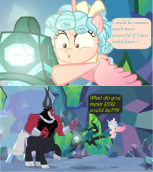 Size: 1368x1536 | Tagged: safe, edit, edited screencap, screencap, character:cozy glow, character:lord tirek, character:queen chrysalis, species:alicorn, species:centaur, species:changeling, species:pony, episode:the ending of the end, g4, my little pony: friendship is magic, alicornified, bow, bracer, changeling queen, cloven hooves, comic, cozycorn, dialogue, faec, female, filly, flying, glow, grabbing, grogar's bell, hair bow, male, nose piercing, nose ring, piercing, pointing, pure concentrated unfiltered evil of the utmost potency, pure unfiltered evil, race swap, screencap comic, speech bubble, trio