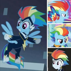 Size: 720x713 | Tagged: safe, edit, screencap, character:rainbow dash, character:zapp, species:pegasus, species:pony, episode:power ponies, episode:the last problem, episode:twilight's kingdom, equestria girls:movie magic, g4, my little pony: equestria girls, my little pony: friendship is magic, my little pony:equestria girls, spoiler:eqg specials, clothing, collage, comparison, cropped, female, hair, mane, older, older rainbow dash, rainbow power, solo