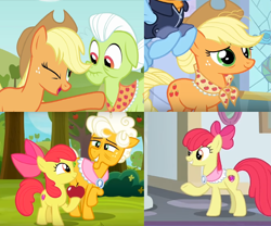 Size: 1463x1215 | Tagged: safe, edit, screencap, character:apple bloom, character:applejack, character:goldie delicious, character:granny smith, character:rainbow dash, species:earth pony, species:pony, episode:going to seed, episode:the last problem, g4, my little pony: friendship is magic, apple, clothing, cropped, food, goldie delicious' scarf, granny smith's scarf, implied death, older, older apple bloom, older applejack