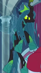 Size: 272x480 | Tagged: safe, edit, edited screencap, screencap, character:lord tirek, character:queen chrysalis, species:centaur, species:changeling, episode:the ending of the end, g4, my little pony: friendship is magic, animated, buzzing, changeling queen, cropped, cute, cutealis, female, flying, former queen chrysalis, looking at you, male, reversed, smiling, solo focus, sound, ultimate chrysalis, webm