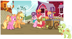 Size: 1849x989 | Tagged: safe, edit, edited screencap, screencap, character:applejack, character:big mcintosh, character:granny smith, character:little mac, character:luster dawn, character:sugar belle, species:dog, species:earth pony, species:pony, species:unicorn, episode:the last problem, g4, my little pony: friendship is magic, accessories, brandy (g4), clothing, colt, cookie (character), dakota (character), fritter (character), granny smith's scarf, implied death, male, older, older applejack, older big macintosh, older sugar belle, scarf, simple background, sweet apple acres, transparent background, wichita (character)