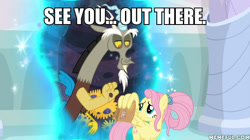 Size: 600x337 | Tagged: safe, edit, edited screencap, screencap, character:discord, character:fluttershy, episode:the last problem, g4, my little pony: friendship is magic, caption, image macro, lunch bag, paper bag, star trek, star trek: the next generation, text, voice actor joke
