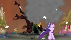 Size: 887x501 | Tagged: safe, edit, edited screencap, screencap, character:starlight glimmer, species:pony, species:unicorn, episode:twilight's kingdom, g4, my little pony: friendship is magic, badass, cool guys don't look at explosions, destroyed, destruction, female, fire, golden oaks library, library, ruins, solo, starlight glimmer in places she shouldn't be, walking away, windswept mane