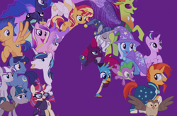 Size: 1920x1258 | Tagged: safe, edit, edited screencap, screencap, character:fizzlepop berrytwist, character:flash sentry, character:gallus, character:moondancer, character:night light, character:owlowiscious, character:princess cadance, character:princess celestia, character:princess flurry heart, character:princess luna, character:shining armor, character:spike, character:star swirl the bearded, character:starlight glimmer, character:stygian, character:sunburst, character:sunset shimmer, character:tempest shadow, character:thorax, character:trixie, character:twilight velvet, species:alicorn, species:changeling, species:earth pony, species:griffon, species:pegasus, species:pony, species:reformed changeling, species:unicorn, episode:the last problem, g4, my little pony: friendship is magic, female, flying, male, mare, smiling, stallion