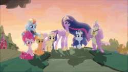 Size: 854x480 | Tagged: safe, edit, edited screencap, screencap, character:applejack, character:fluttershy, character:pinkie pie, character:rainbow dash, character:rarity, character:spike, character:twilight sparkle, character:twilight sparkle (alicorn), species:alicorn, species:pony, episode:the last problem, g4, my little pony: friendship is magic, animated, end of g4, end of ponies, goodbye, hasbro's family, mane seven, mane six, no sound, salute, series finale, smokescreen, transformers, transformers prime, ultra magnus, webm, wheeljack