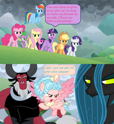 Size: 1362x1488 | Tagged: safe, edit, edited screencap, screencap, character:applejack, character:cozy glow, character:fluttershy, character:lord tirek, character:pinkie pie, character:queen chrysalis, character:rainbow dash, character:rarity, character:spike, character:twilight sparkle, character:twilight sparkle (alicorn), species:alicorn, species:pony, episode:the ending of the end, g4, my little pony: friendship is magic, alicornified, angry, bracer, comic, cozycorn, determined, dialogue, flying, frustrated, impatient, mane six, nose piercing, nose ring, piercing, race swap, screencap comic, speech bubble, tired, upset