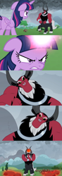 Size: 1358x3842 | Tagged: safe, edit, edited screencap, screencap, character:lord tirek, character:twilight sparkle, character:twilight sparkle (alicorn), species:alicorn, species:centaur, species:pony, episode:the ending of the end, g4, my little pony: friendship is magic, angry, aura, boulder, bracer, cloud, cloudy, cloven hooves, comic, cracking joints, dark, dark clouds, levitation, magic, male, nose piercing, nose ring, orb, piercing, ready to fight, screencap comic, telekinesis, tree, twilight vs tirek