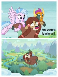 Size: 2522x3326 | Tagged: safe, edit, edited screencap, screencap, character:silverstream, character:smolder, character:yona, species:classical hippogriff, species:dragon, species:hippogriff, species:yak, episode:school daze, episode:school raze, g4, my little pony: friendship is magic, bad idea, be careful what you wish for, bow, cloven hooves, colored hooves, didn't think this through, dragoness, falling, female, flying, hair bow, monkey swings, this will end in death, this will end in tears, this will end in tears and/or death, this will not end well, too dumb to live