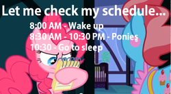 Size: 634x348 | Tagged: safe, edit, edited screencap, screencap, character:cup cake, character:pinkie pie, episode:baby cakes, g4, my little pony: friendship is magic, 2012, notepad, ponibooru, pony time, schedule, text