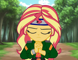 Size: 990x760 | Tagged: safe, edit, edited screencap, screencap, character:sunset shimmer, g4, my little pony: equestria girls, my little pony:equestria girls, spoiler:eqg series (season 2), eyes closed, forest background, geode of empathy, kunoichi, magical geodes, naruto, naruto shippuuden, ninja, recolor