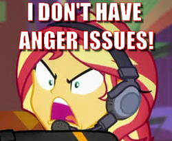 Size: 355x291 | Tagged: safe, edit, edited screencap, screencap, character:sunset shimmer, episode:game stream, g4, my little pony: equestria girls, my little pony:equestria girls, spoiler:eqg series (season 2), anger issues, blatant lies, caption, cropped, female, image macro, rageset shimmer, solo, text, that pony sure have anger issues, yelling