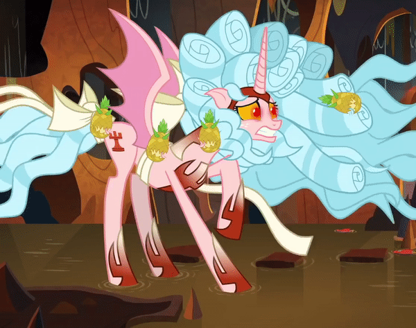 Size: 600x473 | Tagged: safe, edit, edited screencap, screencap, character:cozy glow, species:alicorn, species:pony, episode:the ending of the end, g4, my little pony: friendship is magic, alicornified, animated, armor, bat wings, biting, butt bite, chaos magic, cozybuse, cozycorn, cropped, evil lair, female, food, giant demon alicorn cozy glow, giant pony, gif, grogar's lair, lair, living pineapple, loop, macro, mare, nervous, perfect loop, pineapple, race swap, reversed, solo, spread wings, water, wings