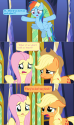 Size: 1366x2302 | Tagged: safe, edit, edited screencap, screencap, character:applejack, character:fluttershy, character:rainbow dash, species:pony, episode:the last problem, g4, my little pony: friendship is magic, comic, crying, dialogue, door, flying, sad, sad eyes, screencap comic, speech bubble