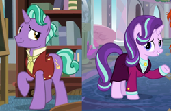 Size: 704x455 | Tagged: safe, edit, screencap, character:firelight, character:starlight glimmer, species:pony, species:unicorn, episode:the last problem, episode:the parent map, g4, my little pony: friendship is magic, clothing, headmare starlight, like father like daughter, older starlight glimmer, suit