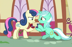Size: 713x472 | Tagged: safe, edit, screencap, character:bon bon, character:lyra heartstrings, character:sweetie drops, species:pony, ship:lyrabon, episode:the big mac question, g4, my little pony: friendship is magic, bon bon is amused, couple, cropped, female, it happened, lesbian, marriage proposal, ponyville, ring, rotated, shipping, smiling, upscaled