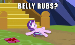 Size: 524x318 | Tagged: safe, edit, edited screencap, screencap, character:starlight glimmer, species:pony, species:unicorn, episode:the last problem, g4, my little pony: friendship is magic, belly, bellyrubs, caption, cropped, female, image macro, lying down, on back, solo, surprised, text