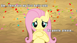Size: 1280x720 | Tagged: safe, edit, edited screencap, screencap, character:fluttershy, species:pegasus, species:pony, episode:the last roundup, g4, my little pony: friendship is magic, bellyrubs, caption, female, hooves to the chest, image macro, lying down, on back, solo, text, worried