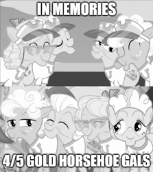 Size: 500x560 | Tagged: safe, edit, edited screencap, screencap, character:apple rose, character:auntie applesauce, character:goldie delicious, character:granny smith, species:earth pony, species:pony, episode:grannies gone wild, g4, my little pony: friendship is magic, caption, clothing, eyes closed, female, glasses, gold horseshoe gals, grayscale, hat, image macro, mare, misspelling, monochrome, smiling, text