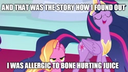 Size: 888x499 | Tagged: safe, edit, edited screencap, screencap, character:luster dawn, character:twilight sparkle, character:twilight sparkle (alicorn), species:alicorn, species:pony, episode:the last problem, g4, my little pony: friendship is magic, allergies, bone hurting juice, exploitable meme, luster dawn is not amused, meme, mid-blink screencap, older, older twilight, princess twilight 2.0, twilight 2.0's reminiscences