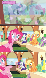 Size: 1358x2296 | Tagged: safe, edit, edited screencap, screencap, character:applejack, character:lemon hearts, character:pinkie pie, character:rarity, character:spike, species:dragon, episode:the last problem, g4, my little pony: friendship is magic, comic, curtain, curtains, dialogue, lamp, reflection, screencap comic, seat, speech bubble, train, window, winged spike