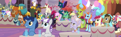 Size: 2502x768 | Tagged: safe, edit, edited screencap, screencap, character:capper dapperpaws, character:derpy hooves, character:doctor whooves, character:dusty pages, character:gilda, character:lemon hearts, character:minuette, character:moondancer, character:night light, character:pharynx, character:prince pharynx, character:prince rutherford, character:roseluck, character:sassy saddles, character:seaspray, character:sugar maple, character:tempest shadow, character:thorax, character:time turner, character:twilight velvet, character:twinkleshine, character:zecora, species:abyssinian, species:changeling, species:classical hippogriff, species:earth pony, species:griffon, species:hippogriff, species:pegasus, species:pony, species:reformed changeling, species:unicorn, species:yak, episode:the last problem, g4, my little pony: friendship is magic, background changeling, background pony, balloon, banner, big daddy mccolt, broken horn, castle walls, changedling brothers, clothing, composite screencap, coronation, cup, ear piercing, earring, everycreature, female, friendship student, general seaspray, glass, glasses, hat, hooffield family, horn, horn ring, jewelry, looking up, ma hooffield, male, mare, mccolt family, panorama, piercing, stallion, sweater, table, ten gallon hat