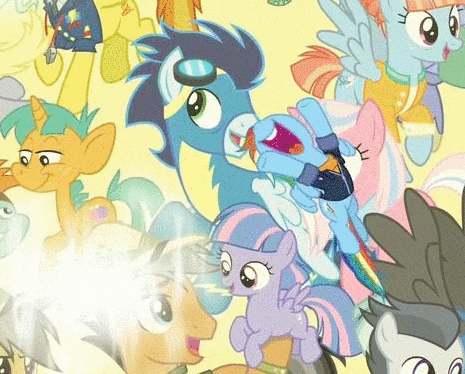 Size: 465x374 | Tagged: safe, edit, edited screencap, screencap, character:bow hothoof, character:clear sky, character:daring do, character:derpy hooves, character:quibble pants, character:rainbow dash, character:rumble, character:snails, character:snips, character:soarin', character:spitfire, character:tank, character:thunderlane, character:wind sprint, character:windy whistles, species:earth pony, species:pegasus, species:pony, species:unicorn, episode:the last problem, g4, my little pony: friendship is magic, animated, colt, cropped, female, filly, male, mare, stallion, wat