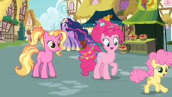 Size: 1364x768 | Tagged: safe, edit, edited screencap, screencap, character:li'l cheese, character:luster dawn, character:pinkie pie, character:twilight sparkle, character:twilight sparkle (alicorn), species:alicorn, species:earth pony, species:pony, species:unicorn, episode:the last problem, g4, my little pony: friendship is magic, apple, building, colt, crown, female, food, house, jewelry, male, older, older pinkie pie, older twilight, peytral, ponyville, princess twilight 2.0, regalia, streamers, wheel