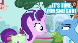 Size: 888x499 | Tagged: safe, edit, edited screencap, screencap, character:starlight glimmer, character:trixie, species:pony, species:unicorn, ship:startrix, episode:student counsel, duo, female, implied sex, lesbian, mare, saddle bag, shipping, snu-snu, this will end in snu snu