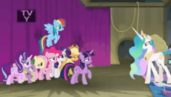 Size: 640x360 | Tagged: safe, edit, screencap, character:applejack, character:fluttershy, character:pinkie pie, character:princess celestia, character:rainbow dash, character:rarity, character:starlight glimmer, character:twilight sparkle, character:twilight sparkle (alicorn), species:alicorn, species:earth pony, species:pegasus, species:pony, species:unicorn, episode:a canterlot wedding, episode:horse play, episode:the cutie re-mark, g4, my little pony: friendship is magic, animated, blast, discovery family logo, magic, magic blast, sound, starlight says bravo, webm