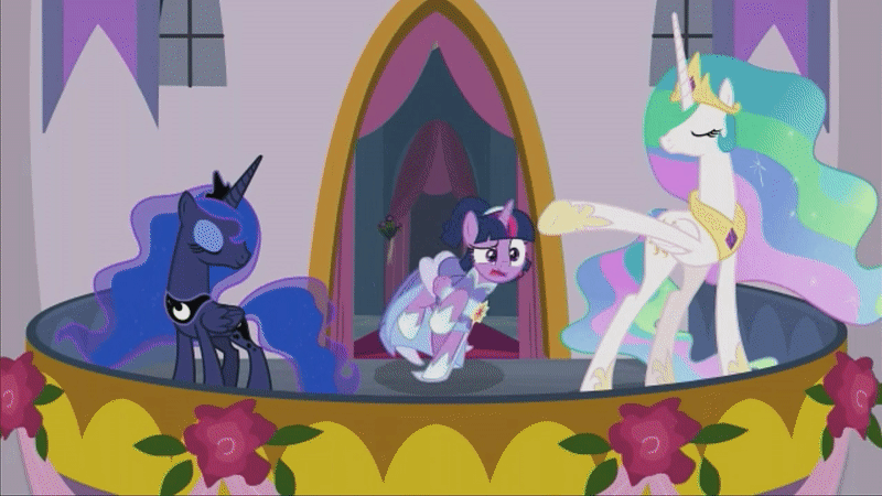 Size: 800x450 | Tagged: safe, edit, edited screencap, screencap, character:princess celestia, character:princess luna, character:twilight sparkle, character:twilight sparkle (alicorn), species:alicorn, species:pony, episode:the last problem, g4, my little pony: friendship is magic, animated, clothing, dress, jewelry, regalia, reversed