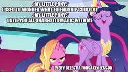 Size: 888x500 | Tagged: safe, edit, edited screencap, screencap, character:luster dawn, character:twilight sparkle, character:twilight sparkle (alicorn), species:alicorn, species:pony, episode:the last problem, g4, my little pony: friendship is magic, exploitable meme, luster dawn is not amused, meme, older, older twilight, princess twilight 2.0, singing, theme song, twilight 2.0's reminiscences