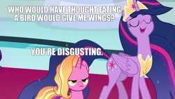 Size: 1339x753 | Tagged: safe, edit, edited screencap, screencap, character:luster dawn, character:twilight sparkle, character:twilight sparkle (alicorn), species:alicorn, species:pony, species:unicorn, episode:the last problem, g4, my little pony: friendship is magic, and that's how twilight sparkle was made, exploitable meme, luster dawn is not amused, meme, mid-blink screencap, noodle incident, older, older twilight, princess twilight 2.0, twilight 2.0's reminiscences, twilight eats a bird