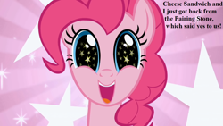 Size: 1280x720 | Tagged: safe, edit, edited screencap, screencap, character:pinkie pie, species:pony, episode:the ticket master, g4, my little pony: friendship is magic, cute, diapinkes, excited, implied cheese sandwich, implied cheesepie, implied pairing stone, implied shipping, implied straight, starry eyes, wingding eyes
