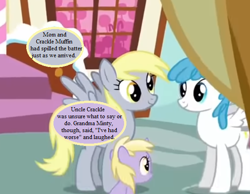 Size: 542x420 | Tagged: safe, edit, edited screencap, screencap, character:apple cobbler, character:derpy hooves, character:dinky hooves, character:white lightning, species:pony, episode:the one where pinkie pie knows, g4, my little pony: friendship is magic, apple family member, cropped, dialogue, implied crackle pop, implied minty, oh minty minty minty, speech bubble, sugarcube corner