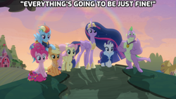 Size: 1920x1080 | Tagged: safe, edit, edited screencap, screencap, character:applejack, character:fluttershy, character:pinkie pie, character:rainbow dash, character:rarity, character:spike, character:twilight sparkle, character:twilight sparkle (alicorn), species:alicorn, species:dragon, species:earth pony, species:pegasus, species:pony, species:unicorn, episode:magical mystery cure, episode:the last problem, g4, my little pony: friendship is magic, bittersweet, callback, caption, end of ponies, farewell, gigachad spike, goodbye, heartwarming, life in equestria, lyrics in the description, mane seven, mane six, older, older applejack, older fluttershy, older mane seven, older mane six, older pinkie pie, older rainbow dash, older rarity, older spike, older twilight, ponyville, princess twilight 2.0, rainbow, song reference, sunset, the end, the magic of friendship grows, winged spike, youtube link