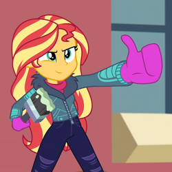 Size: 900x900 | Tagged: safe, edit, edited screencap, screencap, character:sunset shimmer, equestria girls:holidays unwrapped, g4, my little pony: equestria girls, my little pony:equestria girls, spoiler:eqg series (season 2), clothing, cropped, female, smiling, solo, thumbs up, winter outfit