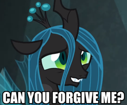 Size: 586x485 | Tagged: safe, edit, edited screencap, screencap, character:queen chrysalis, species:changeling, species:pony, episode:frenemies, g4, my little pony: friendship is magic, season 9, spoiler:s09, a better ending for chrysalis, adorkable, alternate ending, alternate scenario, alternate universe, apology, bad poker face, caption, changeling queen, character development, cropped, cute, cutealis, dialogue, dork, dorkalis, fangs, female, good end, grin, happy, image macro, impact font, looking at you, mare, meta, nervous, nervous grin, open mouth, reaction image, redemption, reformed, regret, silly, silly pony, smiling, solo, sorry, spread wings, standing, talking, teeth, text, what if, when she smiles, wings