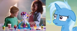 Size: 1232x500 | Tagged: safe, edit, edited screencap, screencap, character:trixie, species:pony, species:unicorn, episode:on the road to friendship, cropped, female, floppy ears, injured, mare, messy mane, play-doh, reaction image, shocked, solo, stare, thousand yard stare, tootie the unicorn ice cream set, wat