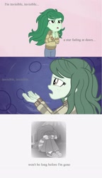 Size: 1922x3345 | Tagged: safe, edit, edited screencap, screencap, character:wallflower blush, equestria girls:forgotten friendship, g4, my little pony: equestria girls, my little pony:equestria girls, leak, abstract background, implied suicide, invisible (song), lyrics, sad, song reference, text, text edit